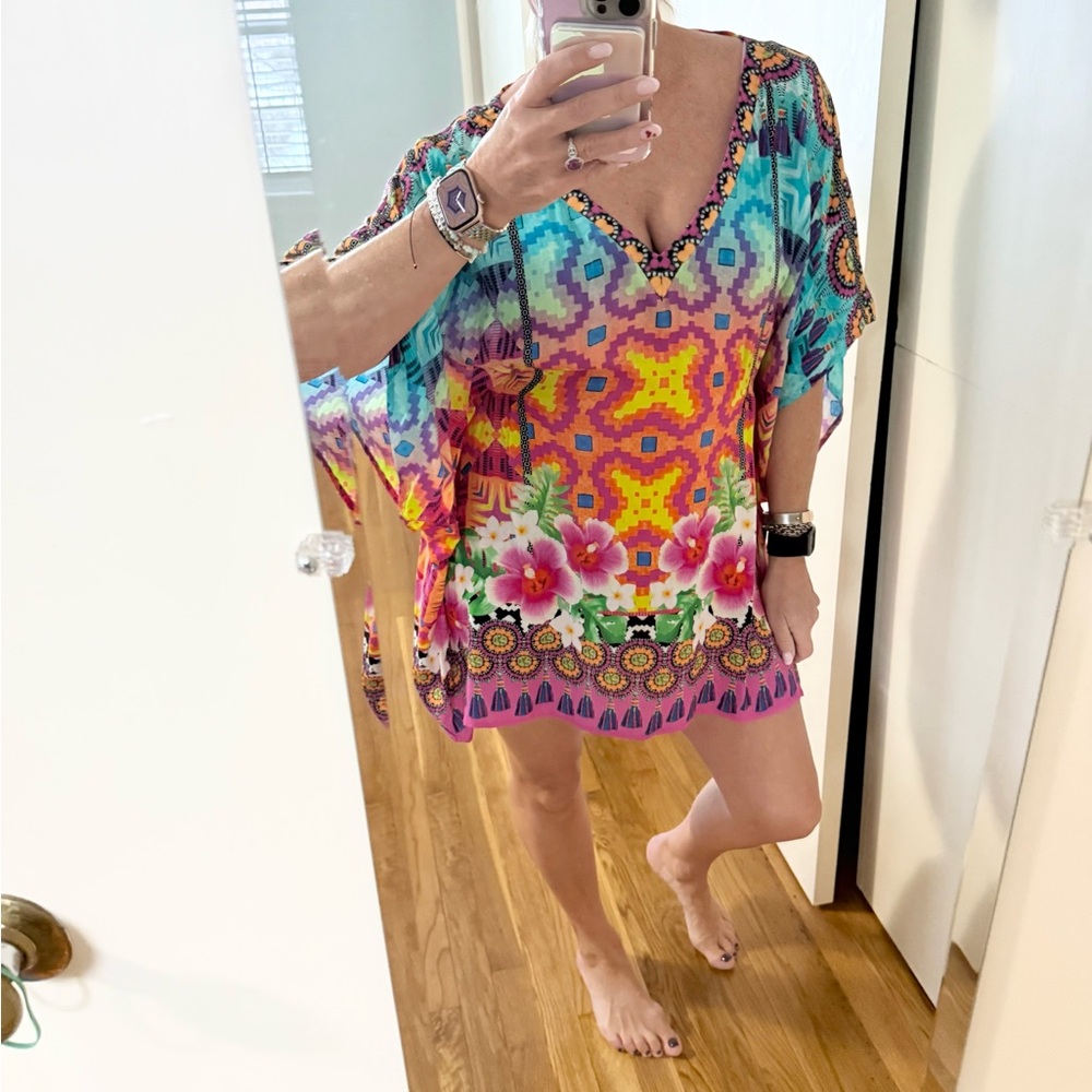 Nanette Lepore Vibrant Floral Boho Swim Cover-Up Tunic | Resort Caftan - Picture 9 of 12